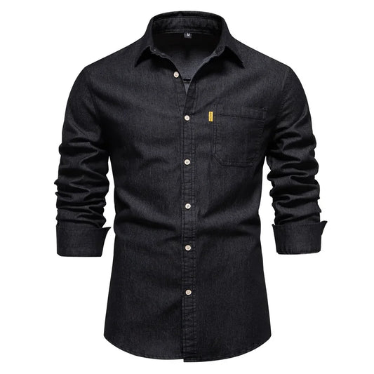 Men's Iron-Free Denim Shirt – Long Sleeve, Pure Colour, European Fit