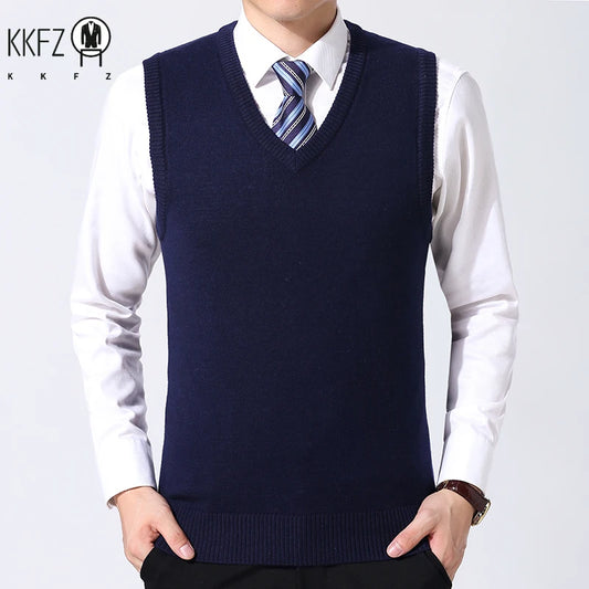 Men's Knitted V-Neck Vest – Solid Colour, Casual and Warm