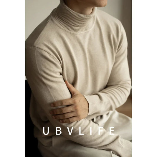 Men's High Collar Knitted Sweater – Machine Washable, Winter Basic Layer